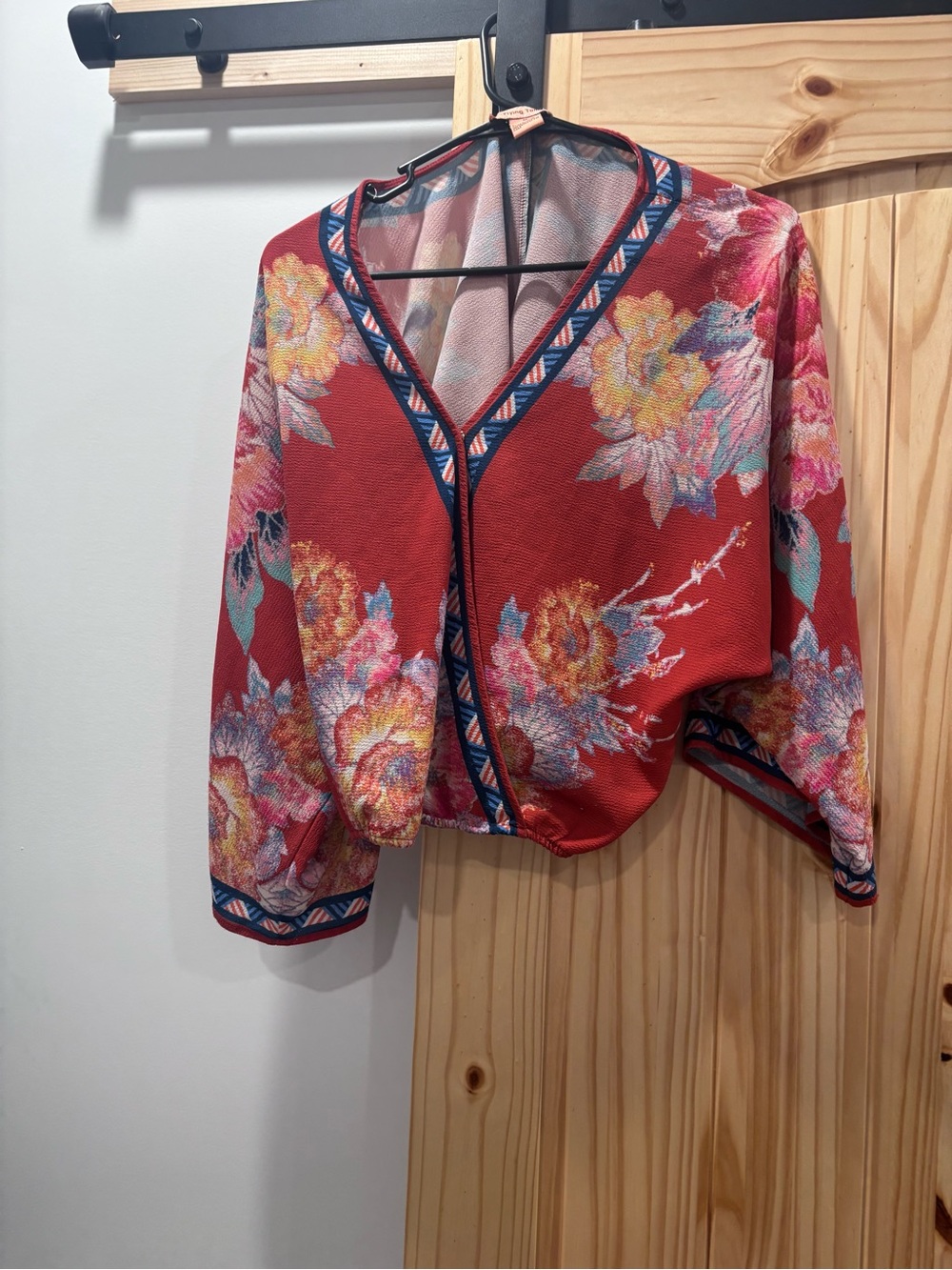 Flying Tomato Red Floral V-Neck Tunic with Blue Trim